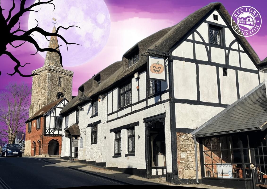Rectory Mansion under a purple Halloween sky with St Mary's church tower and a full moon
